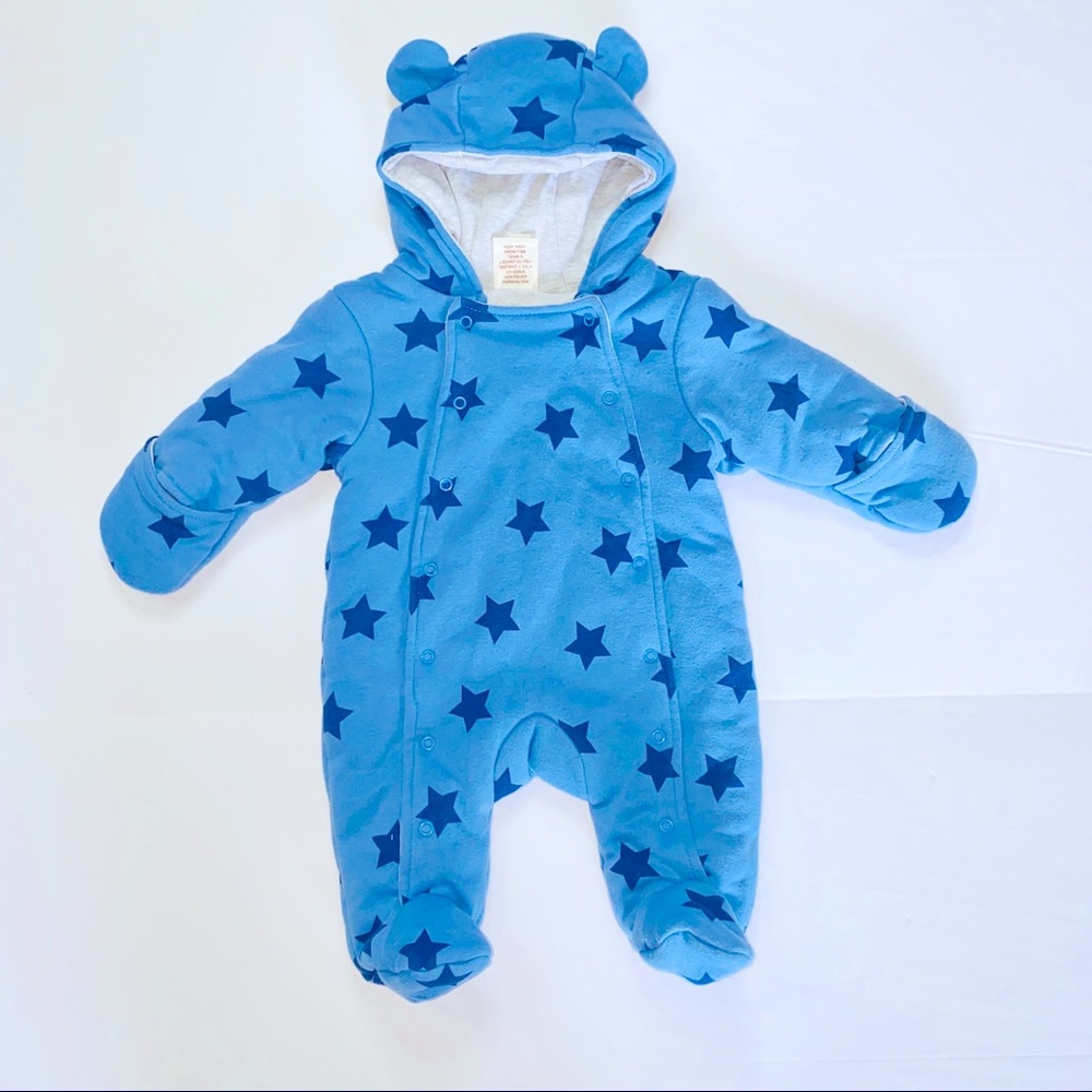 First Wish Footed Blue Stars Hooded Bunting Suit Size 0-3 months